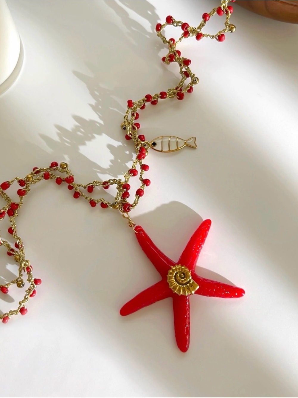 Red Starfish Pendant Woven Nylon Necklace